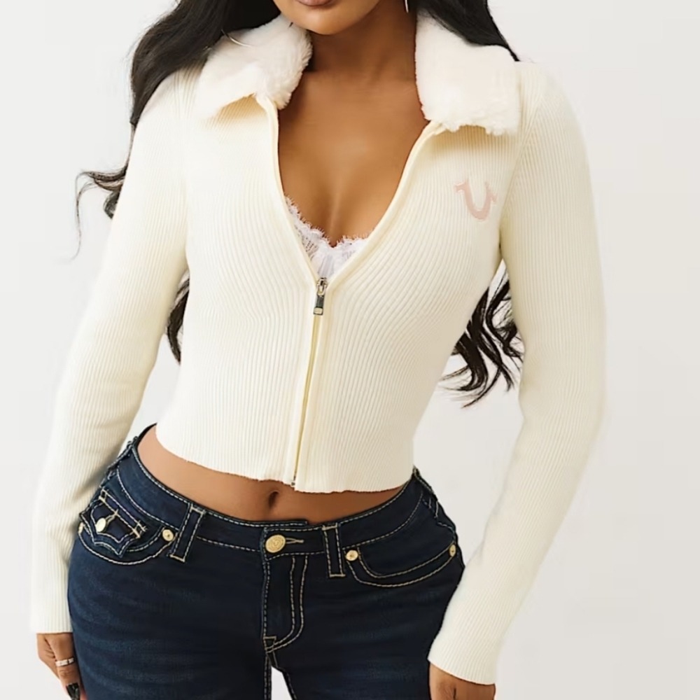 True Religion Ribbed Faux Fur Zip Sweater In Cream Size L NWT'S